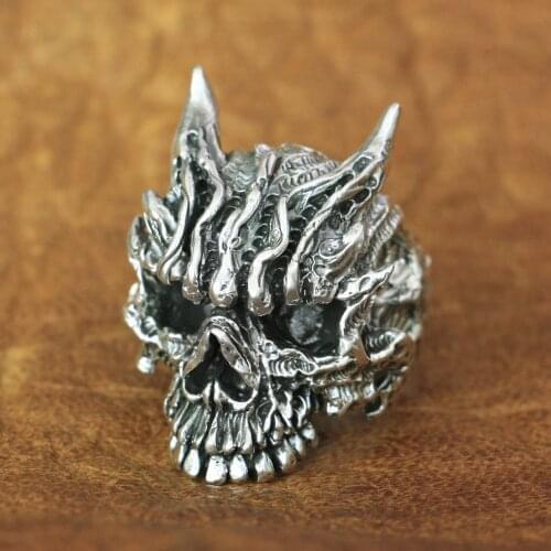 LINSION 925 Sterling Silver Huge Demon Skull Ring Mens Biker Punk Ring TA160 US Size 7~15