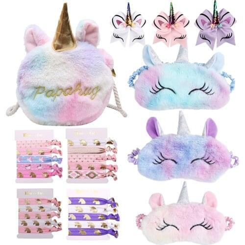 Soft Unicorn Sleeping Eyes Mask Plush Makeup Bag For Girl Relax Unicorn Hair Rope Sets For Travel Home Party Gifts
