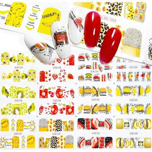 12pcs Summer Fruits Nail Sticker Watermelon / Lemon / Strawberry Designs Transfer Water Slider Nail Wraps Manicure Decoration