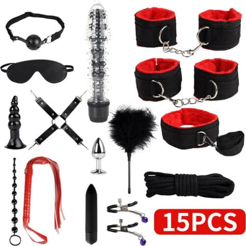 Sexy Leather Adult Kits Plush Sex Bondage Set Handcuffs Sex Games Whip Gag Nipple Clamps Sex Toys For Couples Exotic Accessories