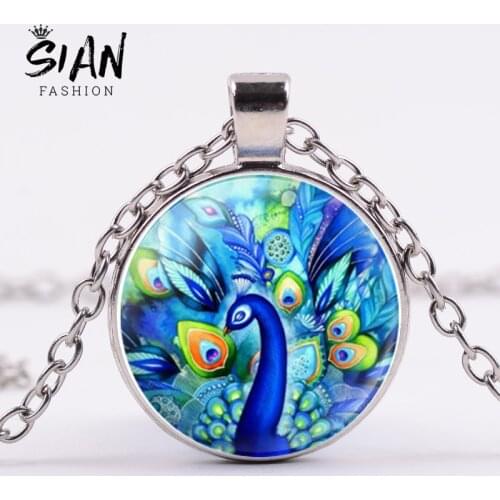 SIAN Fashion Boho Peacock Necklace Bohemian Peacock Feather Art Patterns Handmade Glass Cabochon Pendant Necklace Women Jewelry
