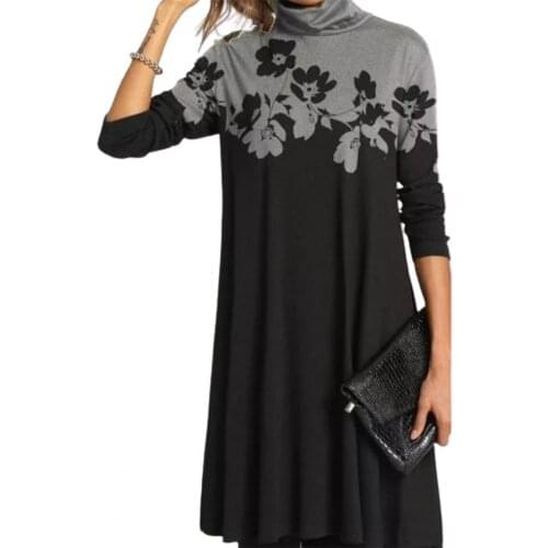 Women Dresses Autumn Winter Stripes Floral Print Turtleneck Long Sleeve Loose Midi Dress Womens Clothing 2021