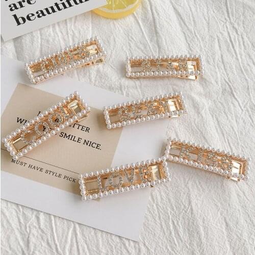 Hollow Millet Beads Rectangular Hairpin Sweet Korean Fan English Letters Diamond Pearl Edge Clip Bangs Clip Duckbill Clip