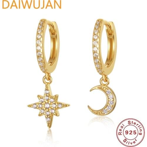 DAIWUJAN Hiphop 925 Sterling Silver Hoop Earrings Asymmetric Zircon Moon Star Huggies Round Earring For Women Party Jewelry Gift