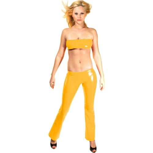 Sexy solid color breast wrapped women suit fashion slim off shoulder sleeveless Faux Leather PU bra and trousers two-piece set