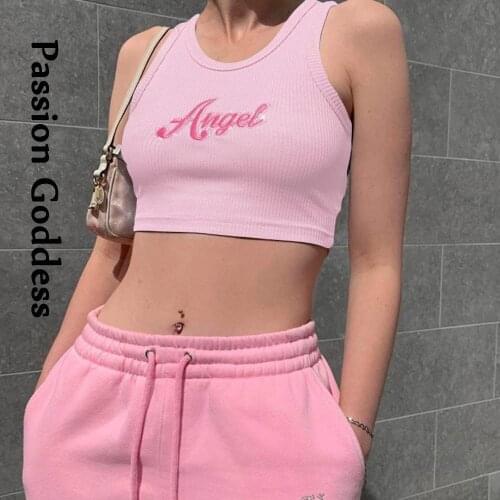 Angel Letter Embroidery Cropped Tops Cute Women Slim Ribbed Tank Tops Summer Sleeveless Elastic Cotton Kawaii Pink Crop Top 2020