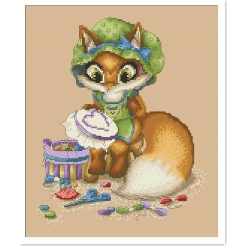 The fox needlewoman cross stitch kit cartoon girl in country design 14ct 11ct linen flaxen canvas embroidery DIY needlework