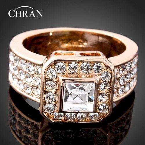 CHRAN Gold Color Auastrian Crystal Engagement Wedding Rings for Women Classic Vintage Jewelry Ladies Rings
