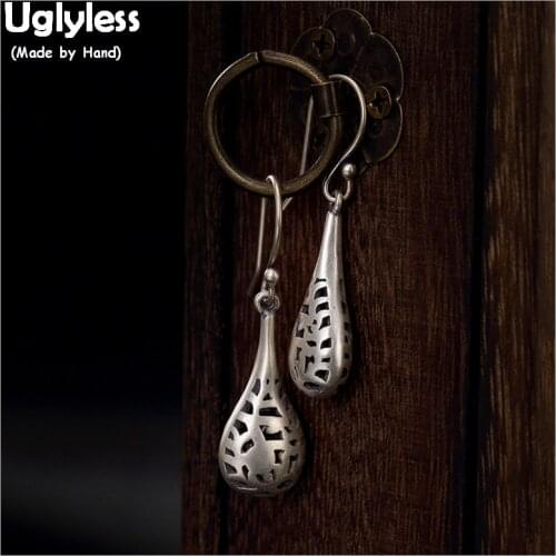 Uglyless 100% Real Solid 925 Sterling Silver Fine Jewelry for Women Handmade Totem Patterns Hollow Water Drop Earrings Bijoux