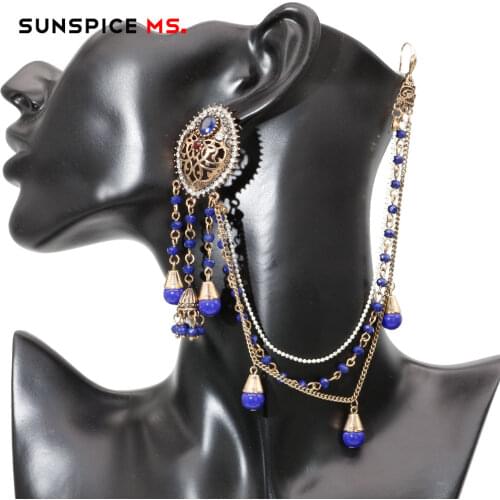Sunspicems Boho Earrings Link Headdress for Women Handmade Natural Stone Beads Chain Antique Gold Color Indain Wedding Jewelry