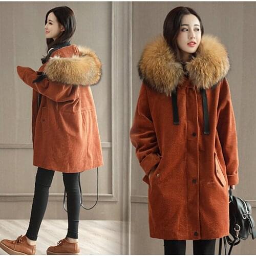 Large Size fur Collar Cotton Coat Large Size Women 2018 Winter Fashion Long Section Waist Cotton Jacket Long Sleeve Womens