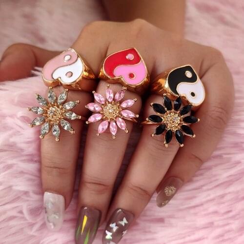 JUST FEEL Crystal Sunflower Heart-shaped Yin Yang Rings for Women 2021 Fashion Multicolor Drip-glazed Enamel Metal Ring Jewelry