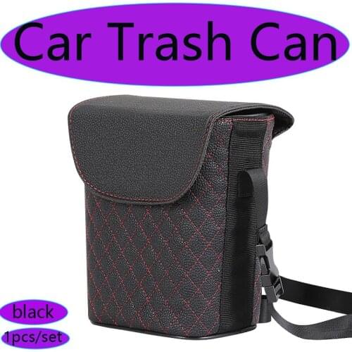 1pcs PU Leather Auto Car Trash Bin Black Car Storage Box Can Double-layer Design Hanging Trash Storage Bucket Multifunctional