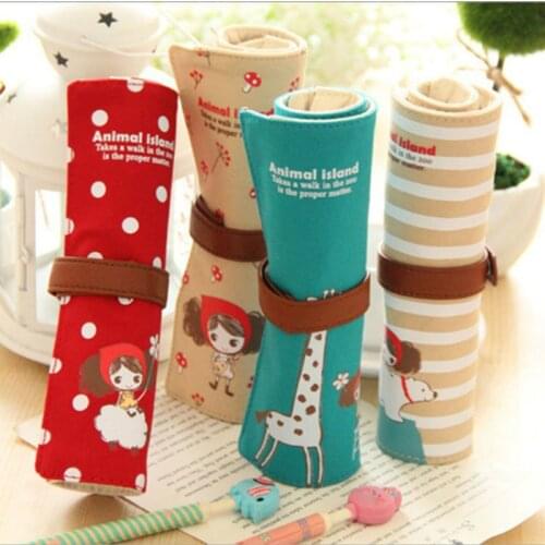 1pc Kawaii Cartoon Canvas Roll Pencil Case Lovely Fabric Roller Girl Pen Bag for Kids School Supplies