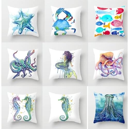 Watercolor Sea Themes Throw Pillow Case Starfish Octopus Mermaid Crab Cushion Covers for Home Sofa Chair Decorative Pillowcase