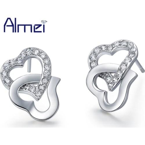 Almei Fashion Jwelry Stud Earring Pave Crystal Double Heart Earrings for Everlast Bijouterie China Jewelry Women Love Gift R488