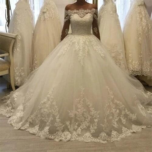 ANGELSBRIDEP Long Sleeves Ball Gown Tulle Wedding Dress Robe De Mariee Luxury Appliques Beaded Floor-Length Formal Bridal Gowns