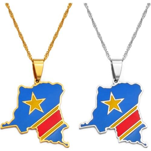 Anniyo Democratic Republic of the Congo Map Colored Flag Pendant Gold/Silver Color DRC Kinshasa Necklace Ethnic Jewelry #200621