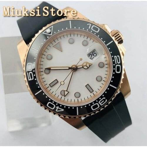 Bliger 40mm Silver Case Sapphire Glass Ceramic Bezel White Dial GMT Luminous Date Window Rubber Strap Mens Automatic Watch