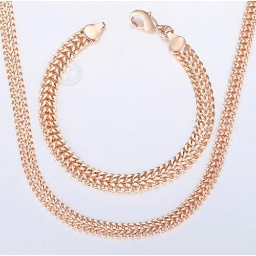 Davieslee Jewelry Sets For Women Men 585 Rose Gold Bracelet Necklace Set Double Cuban Weaving Bismark Chain Jewelry 2021 LCS04