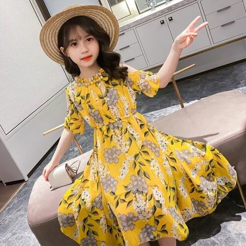 Kids Beach Dress for Girls 2021 Fashion Summer Flower Dress Chiffon Batwing Sleeves Girls Party Costumes Children Birthday Dress