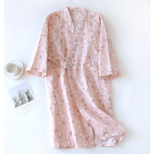 Womens Summer Cotton Kimono Robe 2021 Spring and Autumn Thin Japanese Style Flower Printed Sleepwear Women Bathrobe