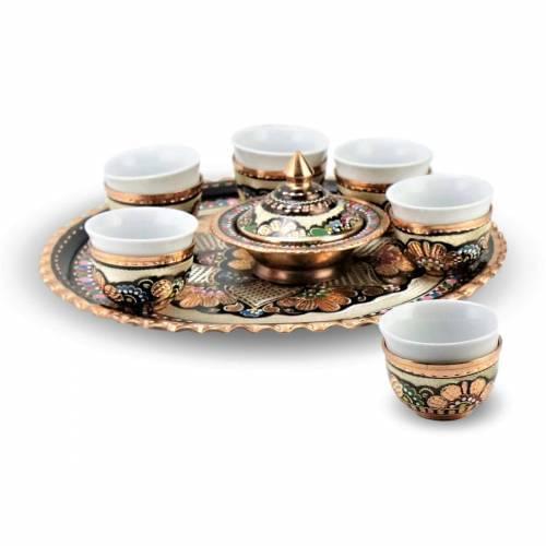 Morya Copper Mırra Coffee Set With Tin Plated Pattern