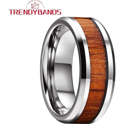 8MM Koa Wood Inlay Mens Womens Tungsten Carbide Rings Wedding Band Beveled Edges Polished Shiny Comfort Fit