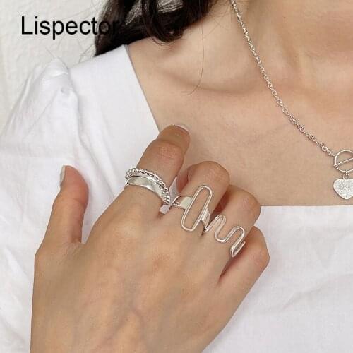 Lispector 925 Sterling Sliver Korean Geometric Lines Rings Set for Women Hollow Beads Layered Ring Simple Party Female Jewelry