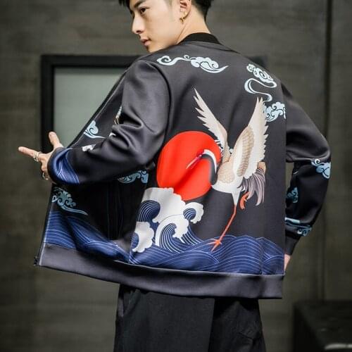 MrGB Crane Chinese Style Graphic Oversize Men Jacket VIntage Casual Fashion Male Coat Autumn Winter Harajuku Mens Clothing