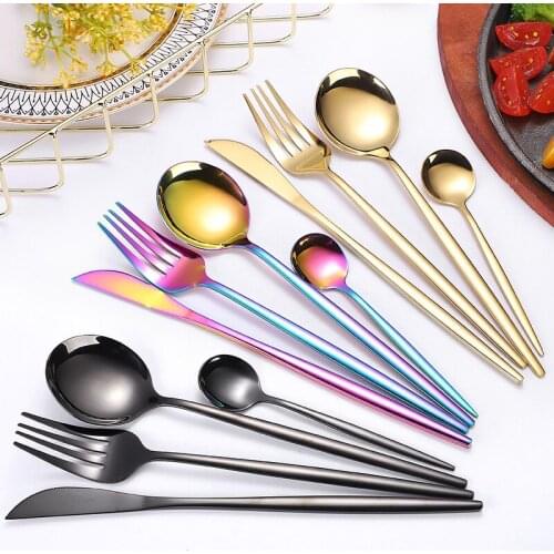 4Pcs Gold Cutlery Set Black Stainless Steel Dinnerware Silverware Flatware Set Dinner Knife Fork Spoon Tableware Set Dropship