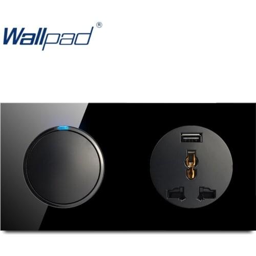 2020 Wallpad 1 Gang 2 Way With MF Socket USB Charger Wall Light Switch With LED Indicator Crystal Glass Panel