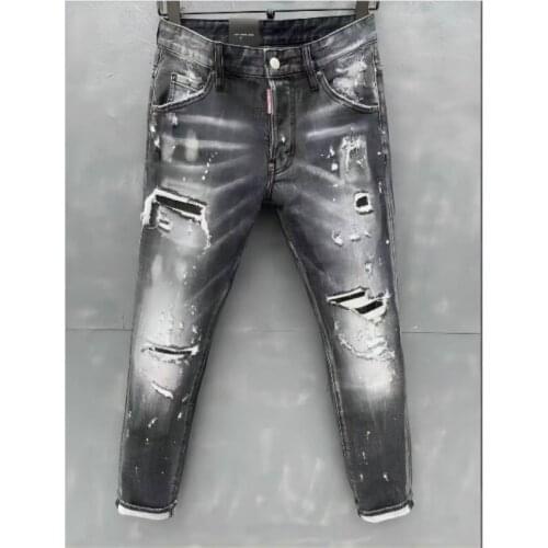New Mens Skinny Jeans With Ripped Holes And elastic Paint Spray Black Stitching Beggar Pants 051-1