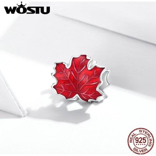 Wostu Genuine 925 Sterling Silver Maple Leaves Enamel process Original Oxidized silver Charm for Brand DIY Jewelry BSC335
