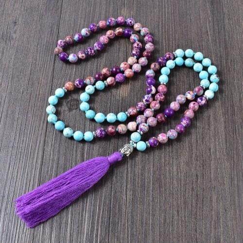 Purple Jaspr & Turqouise Hand Knotted 108 Japamala Cotton Tassel Necklace Buddhism Meditation Healing Reiki Jewelry Dropshipping