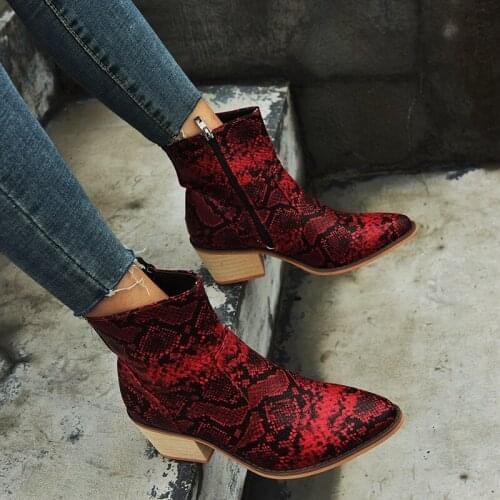 Thick-heeled sexy snake lady booties Stiletto Heels Pointed Toe Faux Leather Zipper Style Sexy Ankle Womens Boots Feminina 20