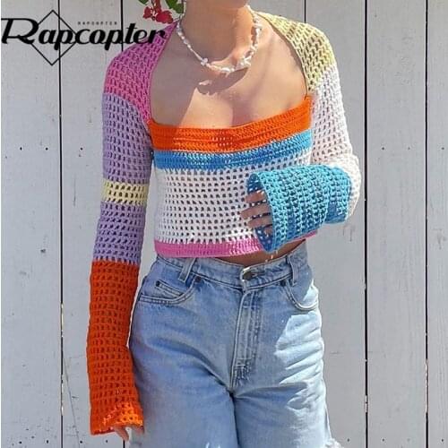 Rapcopter Colorful Knitted Jumpers y2k Long Sleeve Sweaters Vintage Cute Streetwear Chic Korean Harajuku Pullovers Knitwear New
