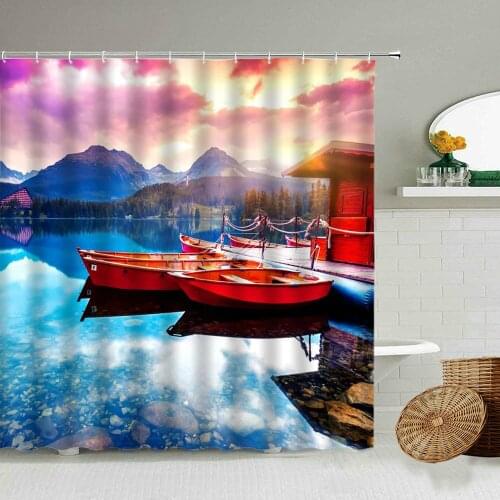 Boat Ferry Hut Rock Lake Sea Water Shower Curtain Landscape Forest Natural Scenery Bathroom Blackout Waterproof Cloth Curtains