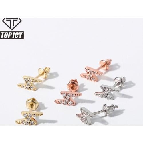 Top Icy Girls Gift Fashion Style 925 Sterling Silver AAA CZ Cubic Zircon Lightning Stud Earring Iced Out