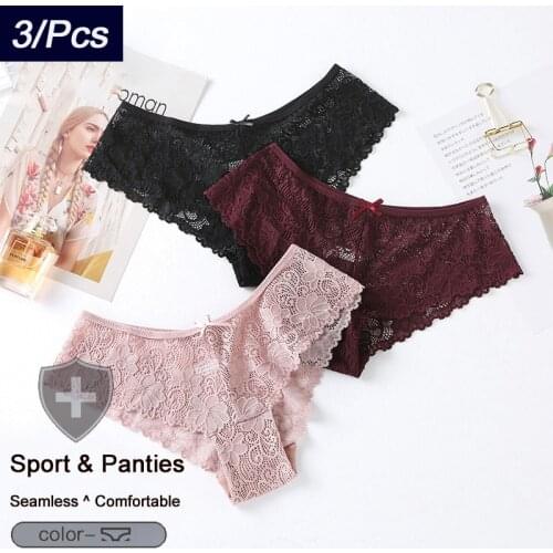QIWN 3Pcs/lot Sport Panties For Woman Underwear Sexy Lace Breathable Seamless Briefs With Bow Female Fashion Panty Lady Lingerie