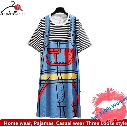 New 2020 Fashion Summer Plus Size Tops Long T-shirt Print for Women Large Loose Short Sleeve Stripe Blue 3XL 4XL 5XL 6XL