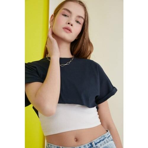 Womens Navy Blue Super Crop Knit T-Shirt New Season New Style Fashion Female Casual Cotton Tee Ladies Tshirts Different Model