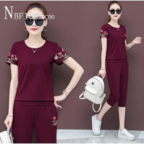 Embroidery Flower Women Sets Short Sleeve T Shirt And Pants Female Sets