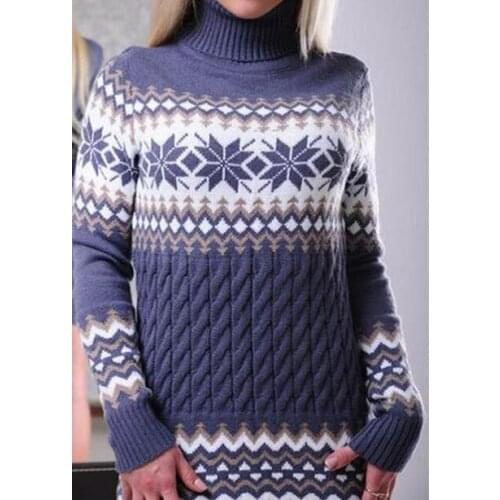 Women Sweater High Neck Snow Print Knitted Tunic Casual Christmas Long Sleeve Pullovers Warm Winter Long Sweater Top