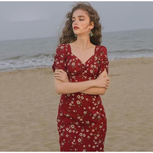 Summer Dress Women Short Puff Sleeve Flroal Print Party High Split Long Maxi Dresses Drawstring Vintage Vestidos De Mujer Ropa