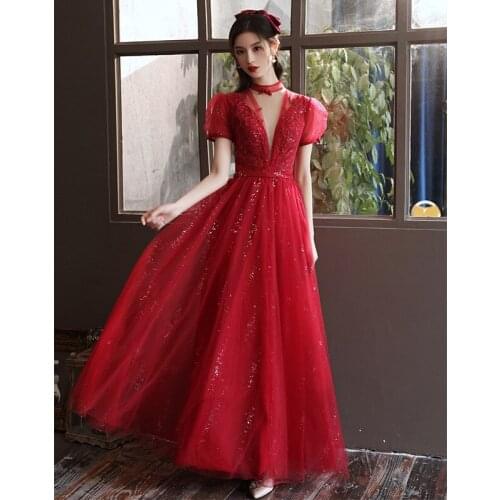 Women Long A-line Tulle Sequins Prom Dresses Burgundy Sexy Dark V-neck Short Sleeve Beading Toast Gown Vestidos De Fiesta