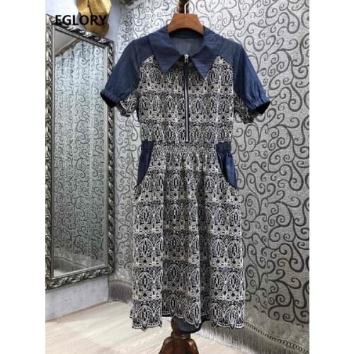 High Quality Denim Dress 2021 Spring Summer Casual Clothing Women Turn-down Collar Allover Exquisite Embroidery Blue Jeans Dress