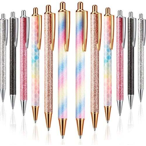 12 PCS Glitter Ballpoint Pens Rose Gold Click Ballpoint Pen Metal Glitter Pen Retractable Black Ink Medium Point Pens