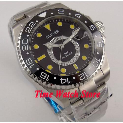 Bliger 43mm black dial yellow marks Ceramic Bezel sapphire glass 24 hours GMT Automatic movement Mens watch men 208
