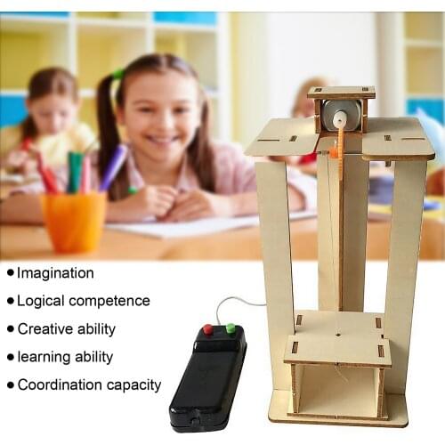 Kids Wooden DIY Assemble Simulate Electric Elevator Lift Model Kit Creative Science Physics Experiment Teaching Handmade Toy